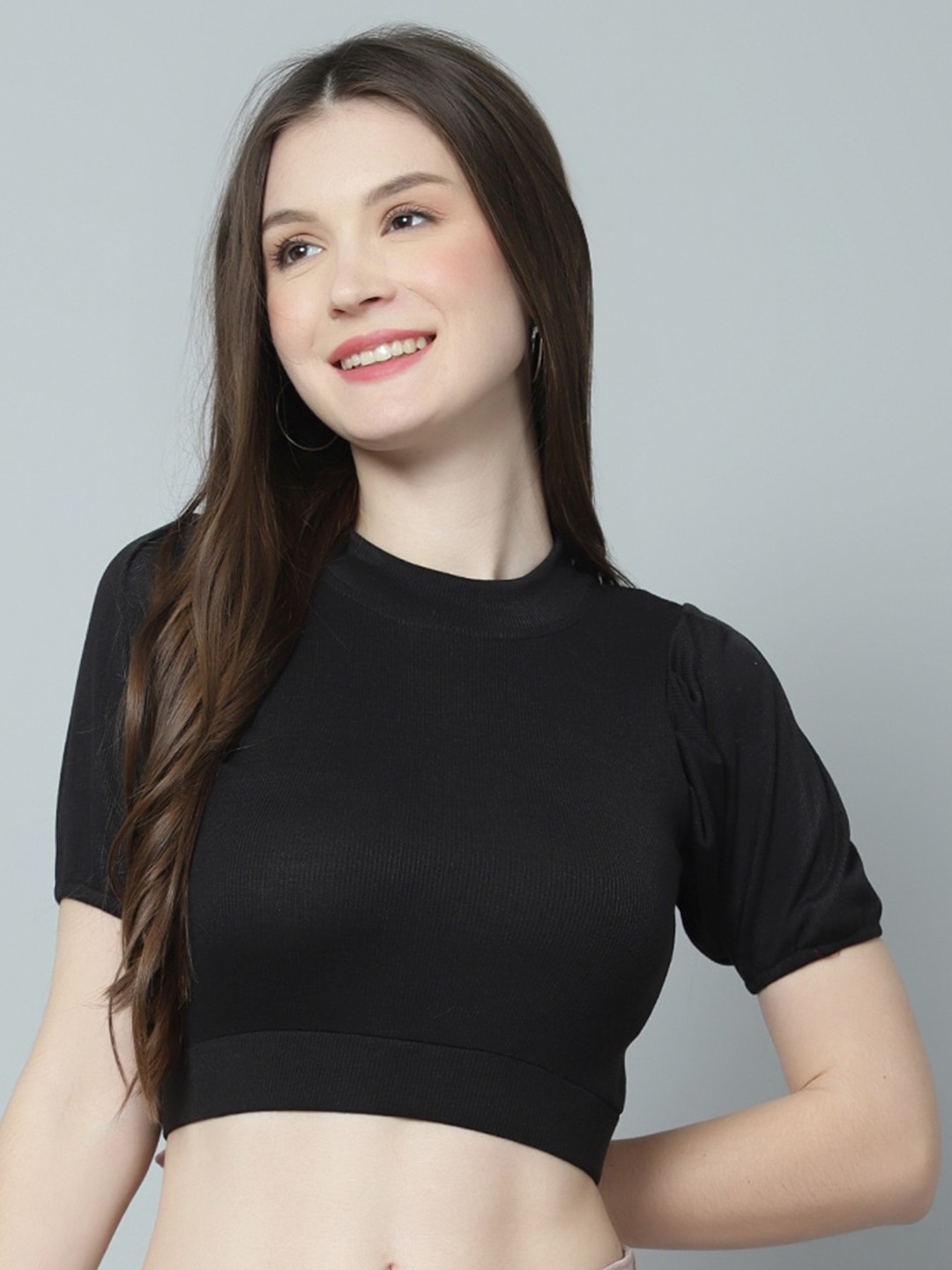 

DIAZ High Neck Half Sleeve Fitted Crop Top, Black