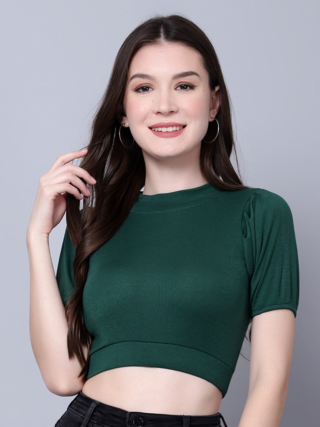 

DIAZ Puff Sleeves Fitted Crop Top, Green