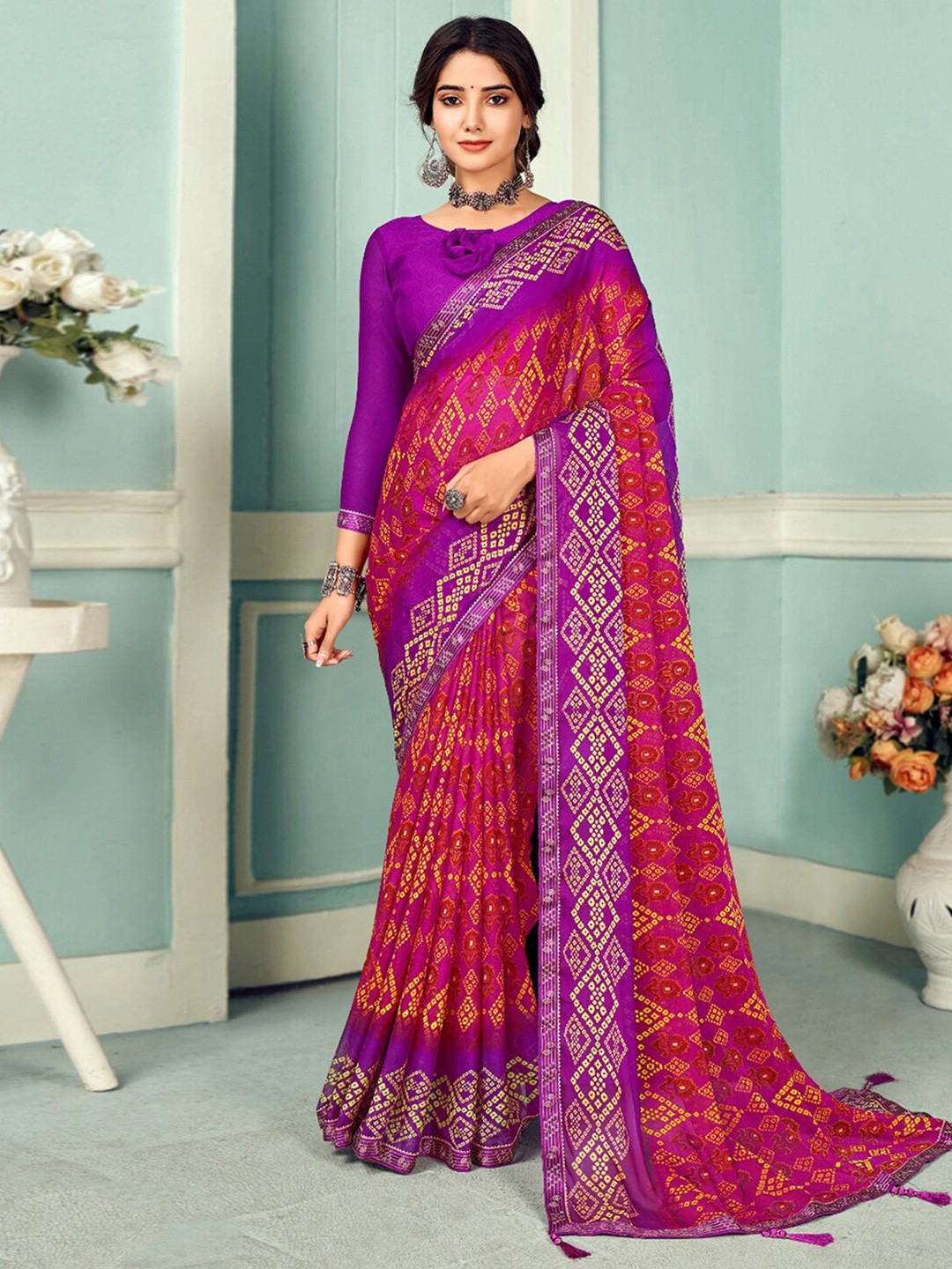 

Mitera Purple & Red Bandhani Printed Zari Saree