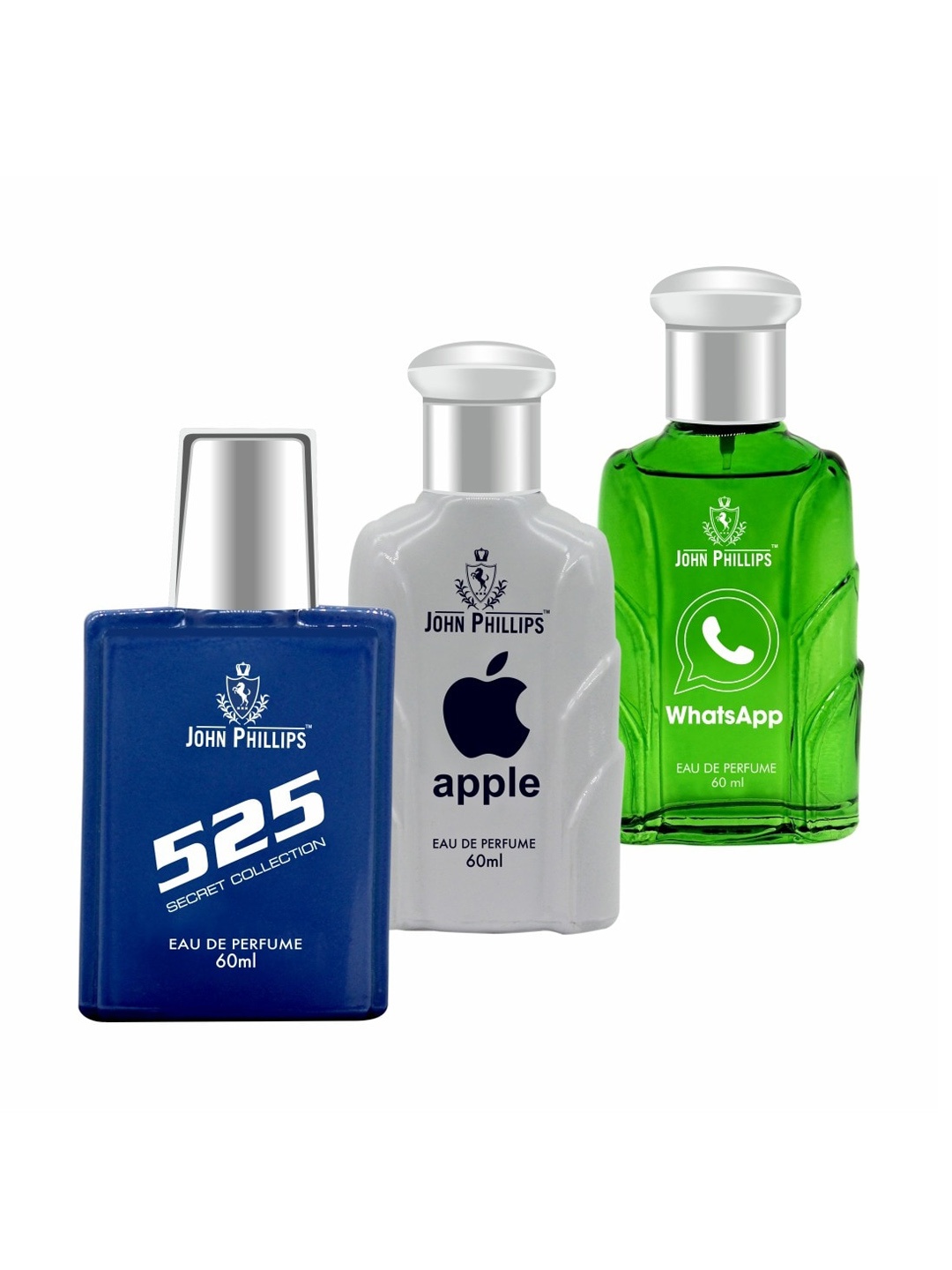 

JOHN PHILLIPS Set of 3 Long Lasting Eau De Parfum 60 ml each - 525 + Apple + Whatsapp, Blue