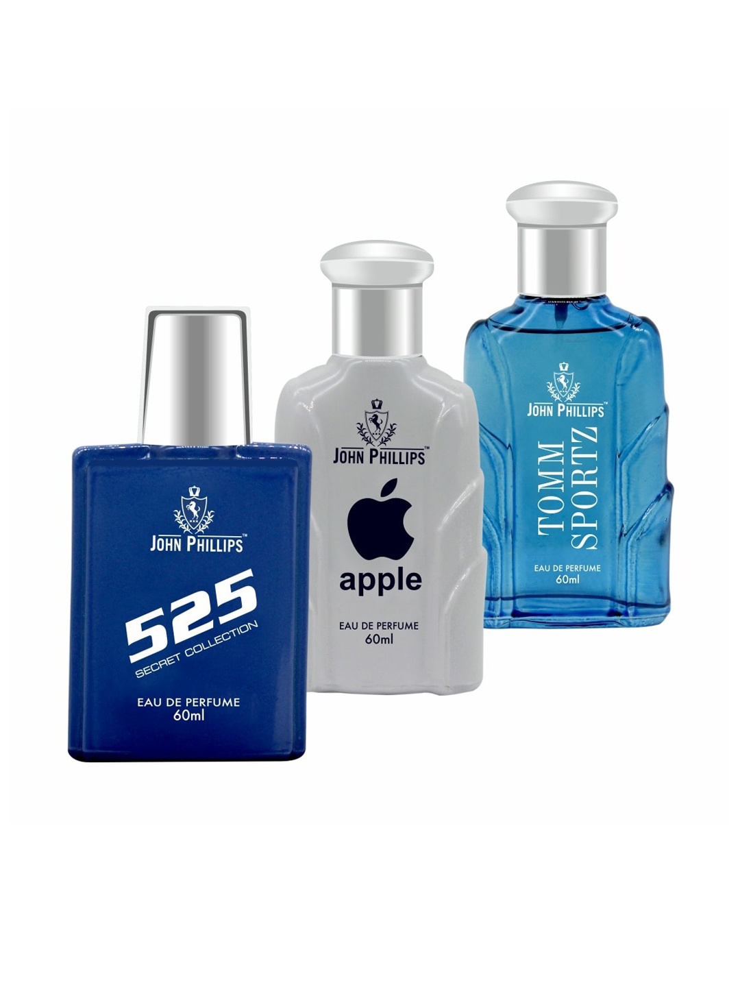 

JOHN PHILLIPS Set of 3 Long Lasting Eau De Parfum 60 ml each - 525 + Apple + Tomm Sportz, Blue