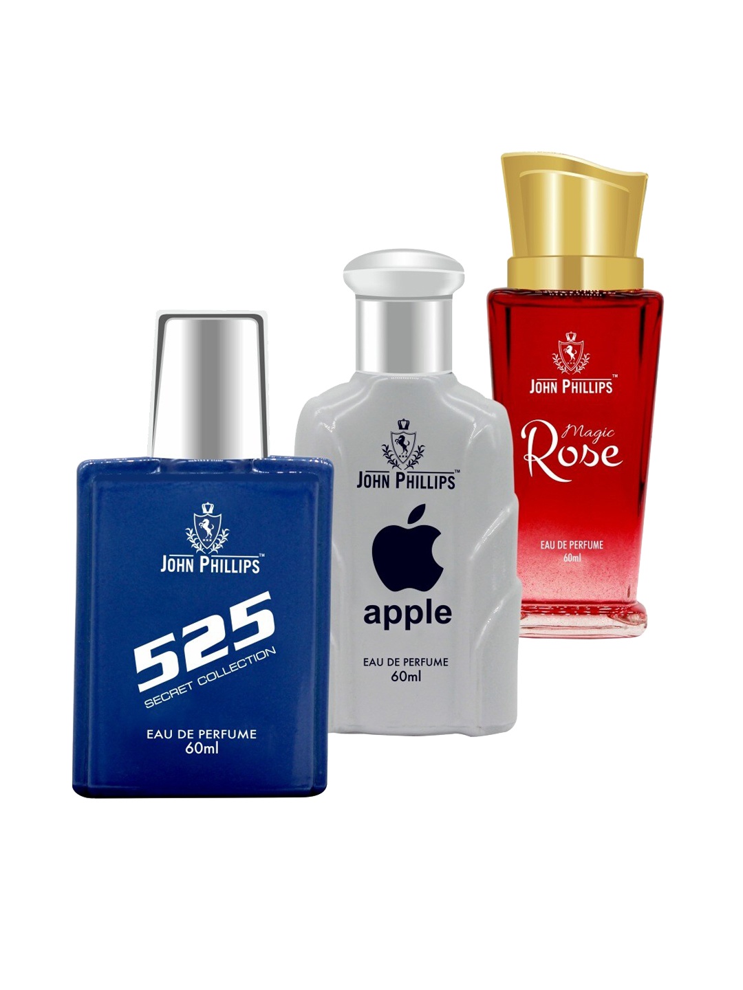 

JOHN PHILLIPS Set of 3 Long Lasting Eau De Parfum 60 ml each - 525 + Apple + Magic Rose, Blue