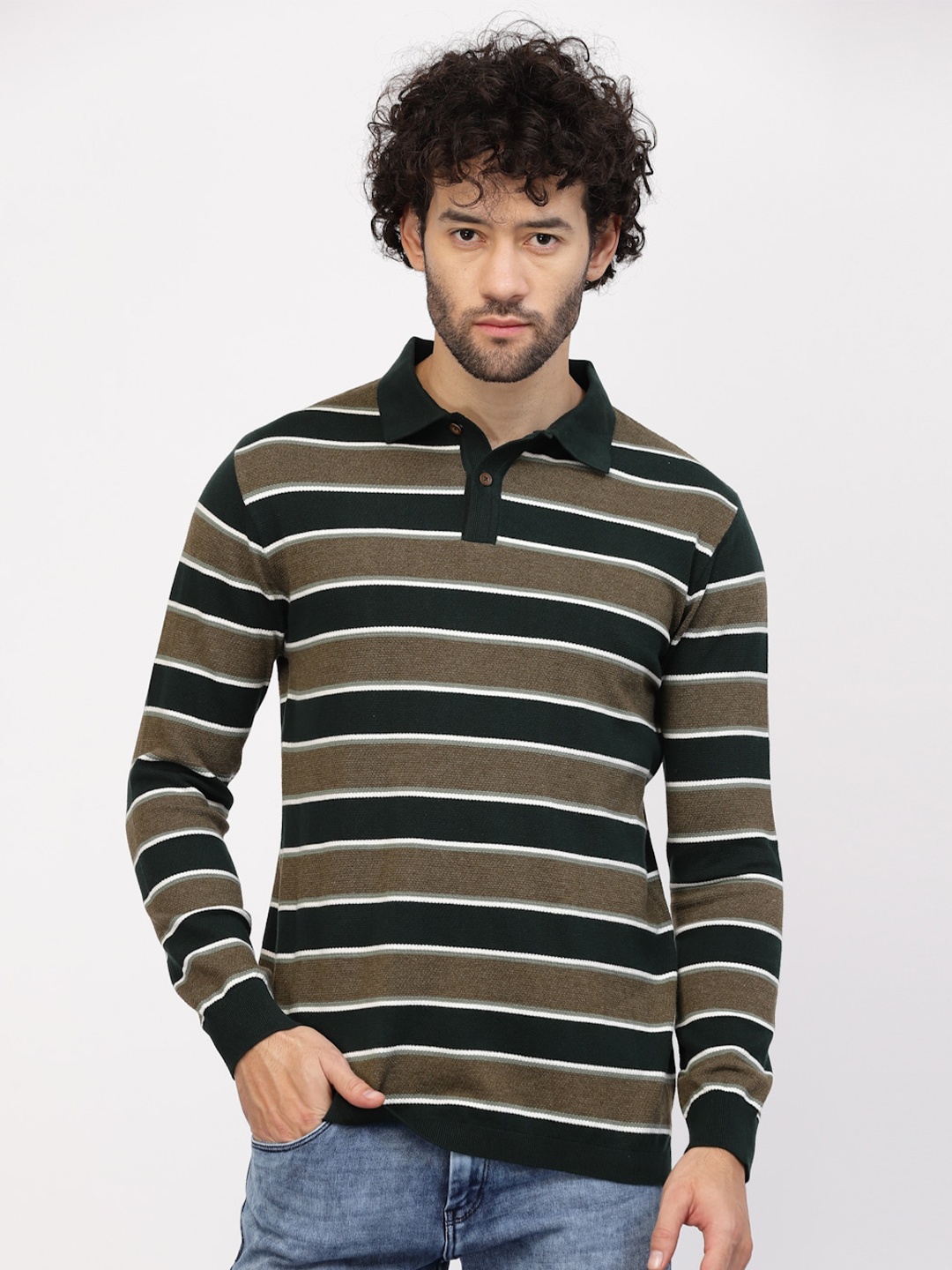 

Kalt Long Sleeves Striped Polo Collar T-shirt, Olive