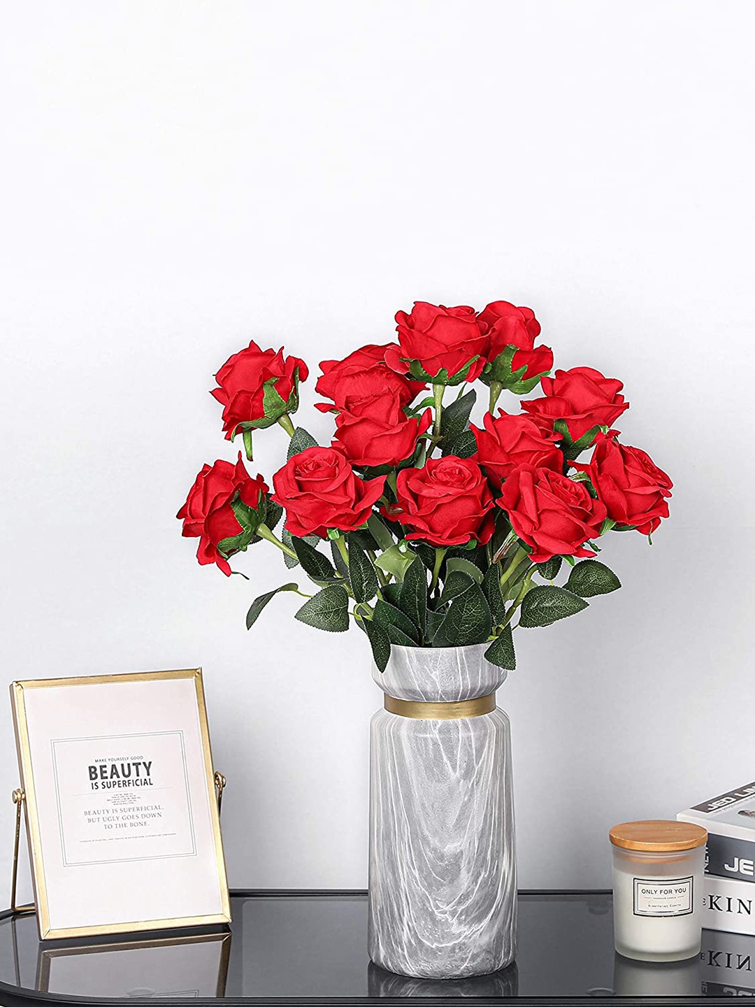 

XERGY Red & Green 12 Pieces Artificial Faux Silk Rose Flowers