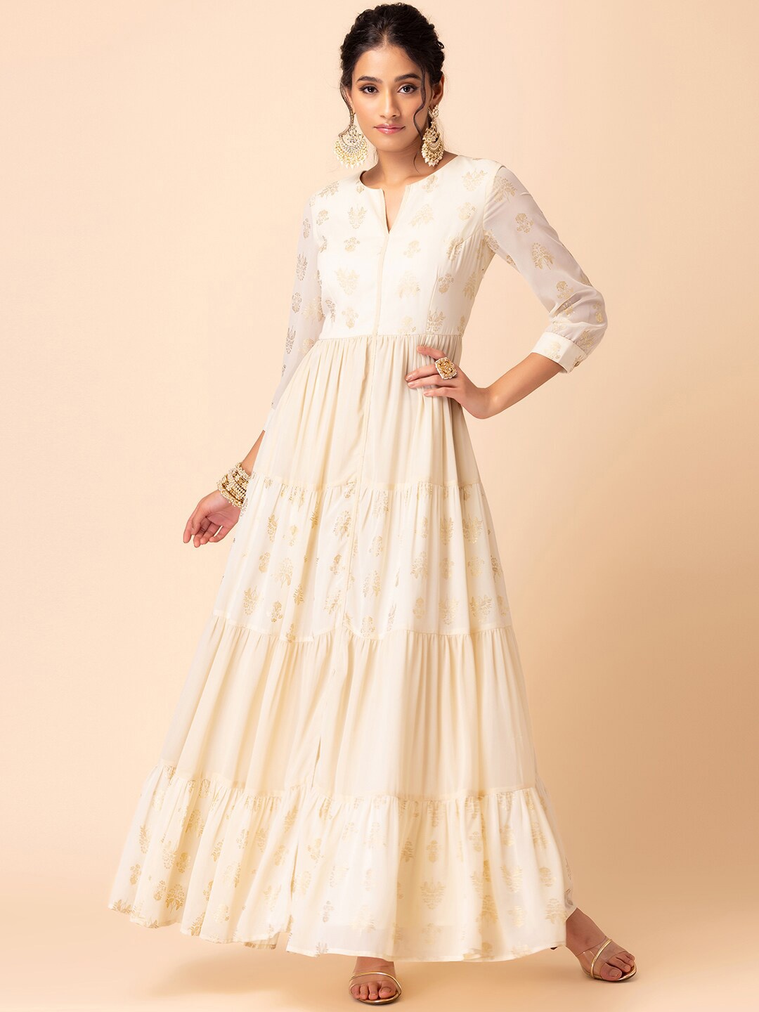 

INDYA X Samant Chauhan Ethnic Motifs Foil Printed Tiered Fit & Flare Ethnic Dress, White