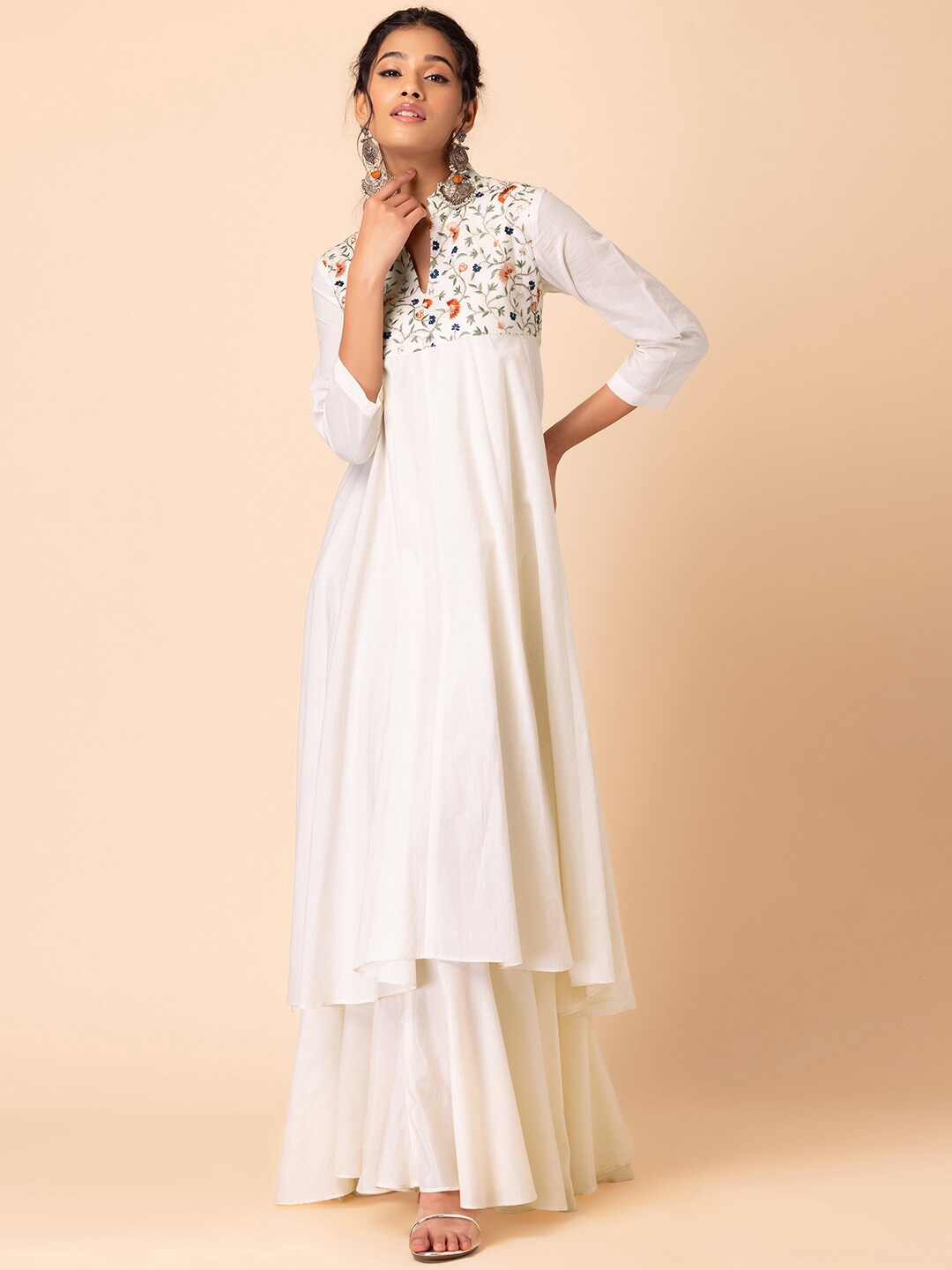 

INDYA X Samant Chauhan Floral Embroidered Mandarin Collar Anarkali Kurta, Off white