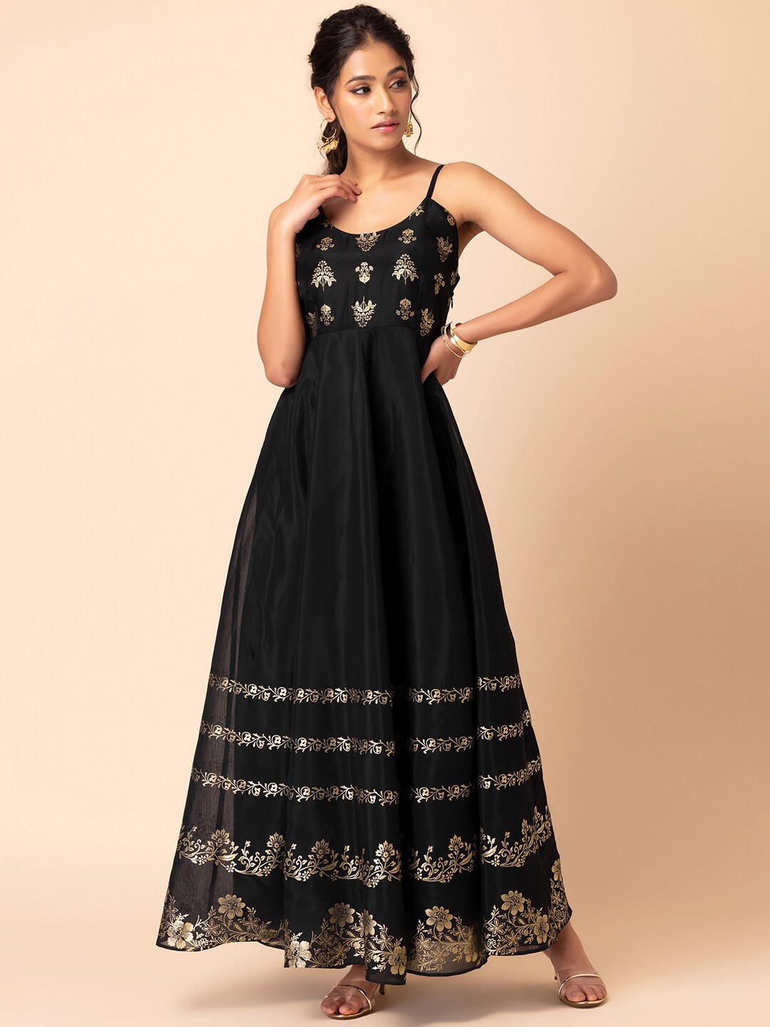 

INDYA X SAMANT CHAUHAN Ethnic Motifs Foil Printed Fit & Flare Ethnic Dress, Black