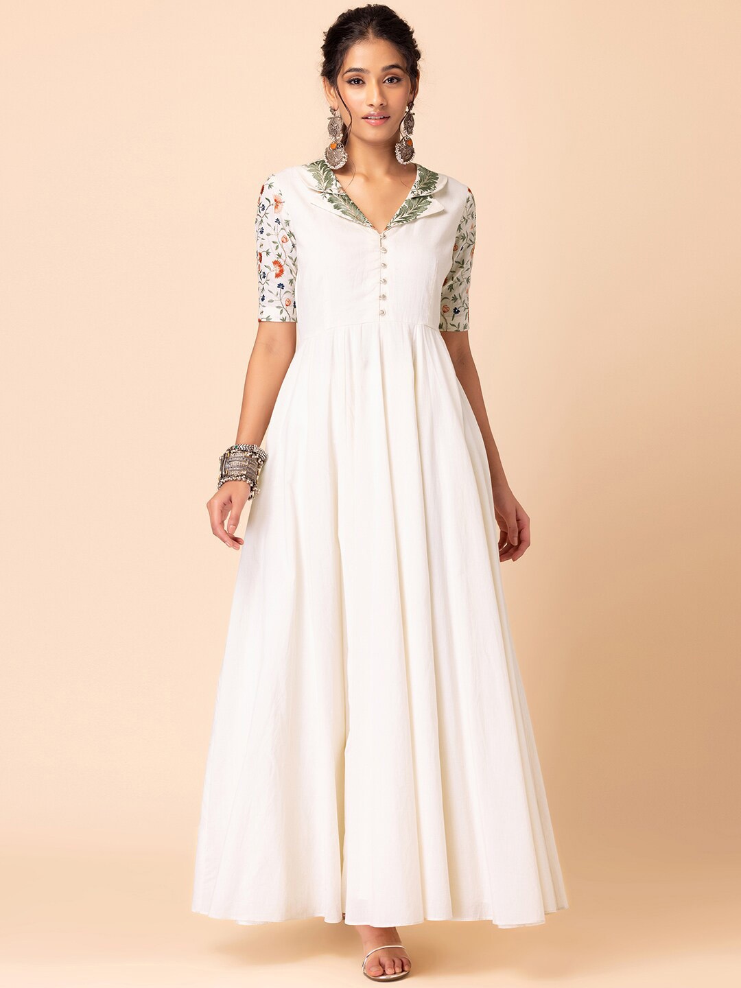 

INDYA X SAMANT CHAUHAN INDYA Floral Embroidered Fit & Flare Ethnic Dress, Off white