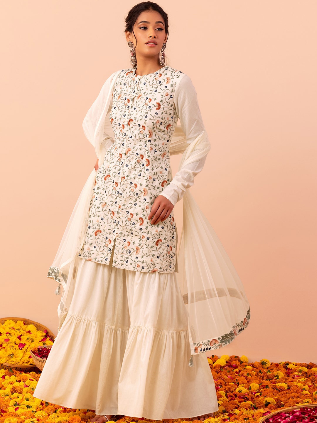 

INDYA X SAMANT CHAUHAN INDYA Floral Embroidered Kurta With Sharara & Dupatta, White