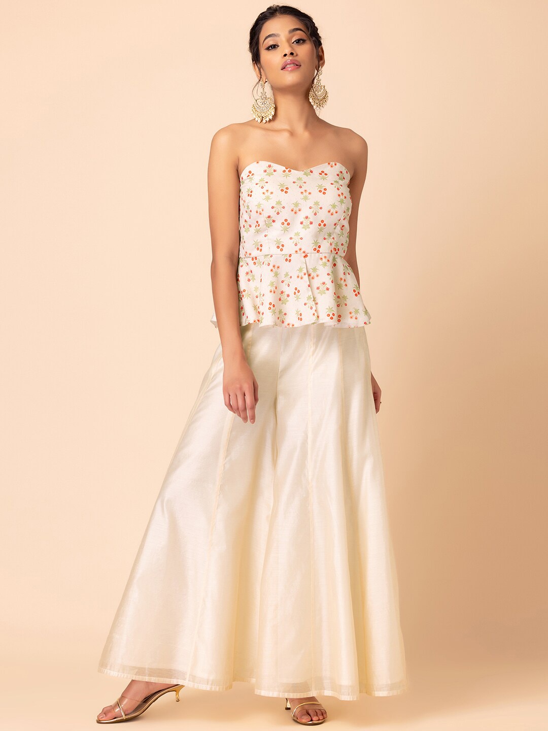 

INDYA X Samant Chauhan Printed Strapless Smocked Peplum Top With Flared Palazzo, White