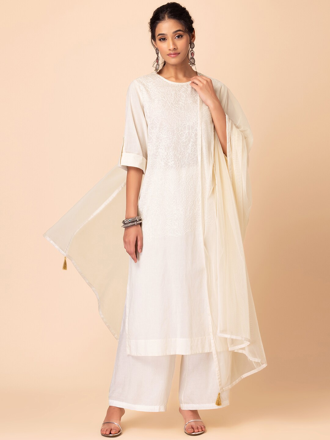 

INDYA X Samant Chauhan Floral Embroidered Kurta With Palazzo & Dupatta, White