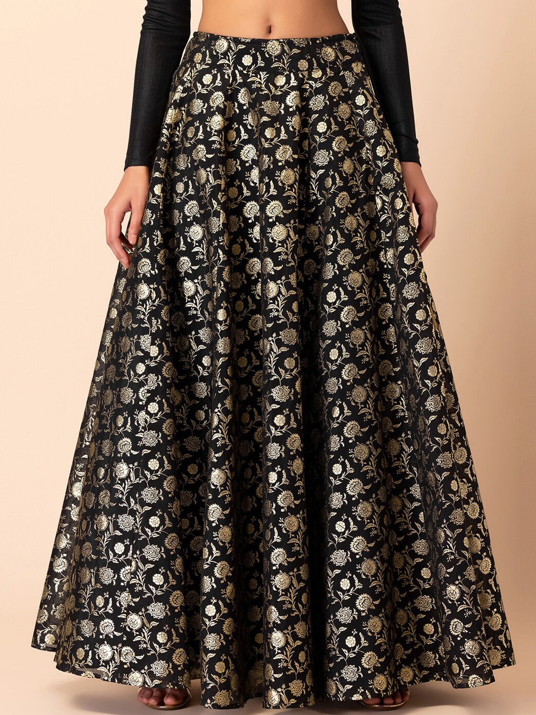 

INDYA X SAMANT CHAUHAN INDYA Ethnic Motifs Foil-Printed Flared Lehenga Maxi Skirt, Black