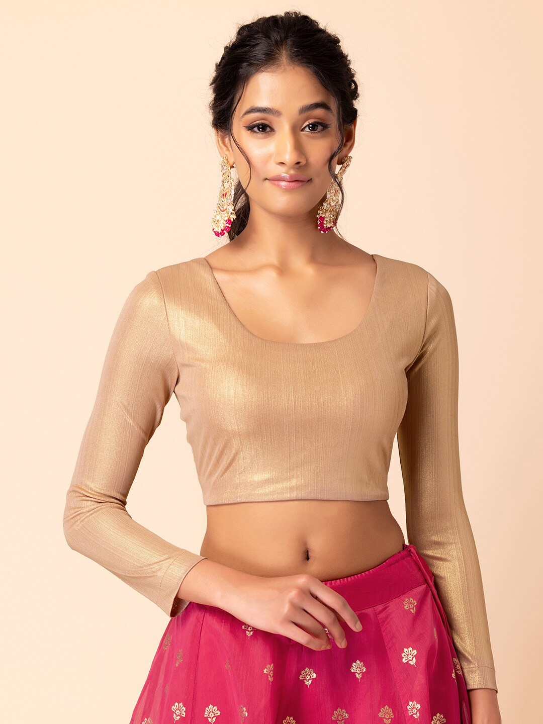 

INDYA X SAMANT CHAUHAN Round Neck Long Sleeves Ethnic Crop Top, Gold