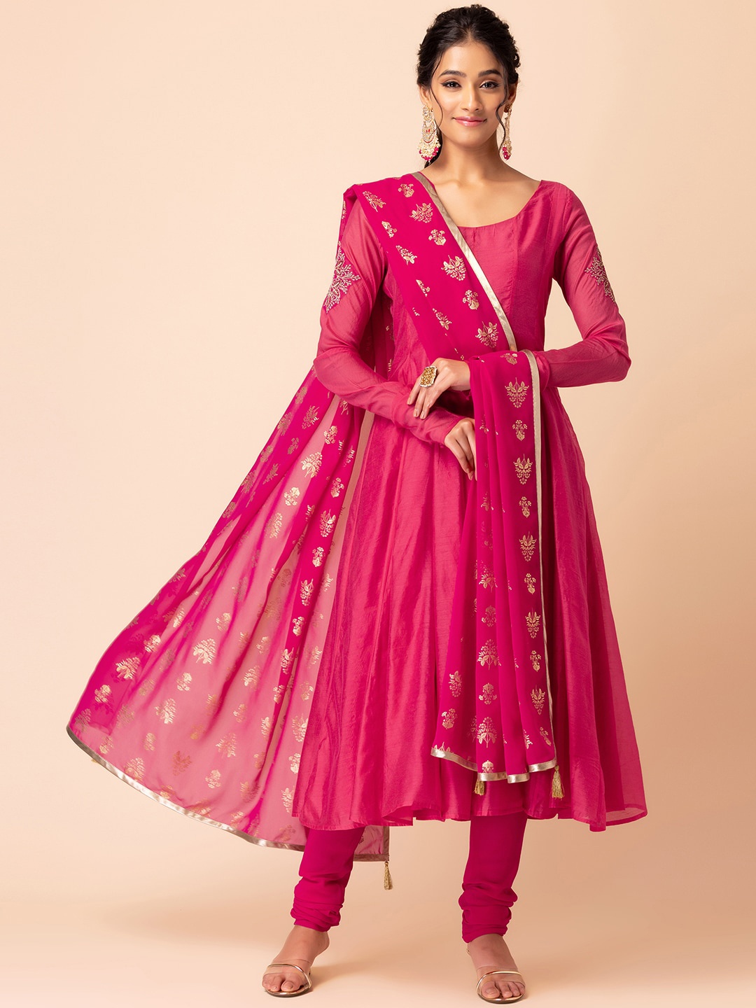 

INDYA X Samant Chauhan Panelled Anarkali Kurta With Churidar & Printed Dupatta, Pink