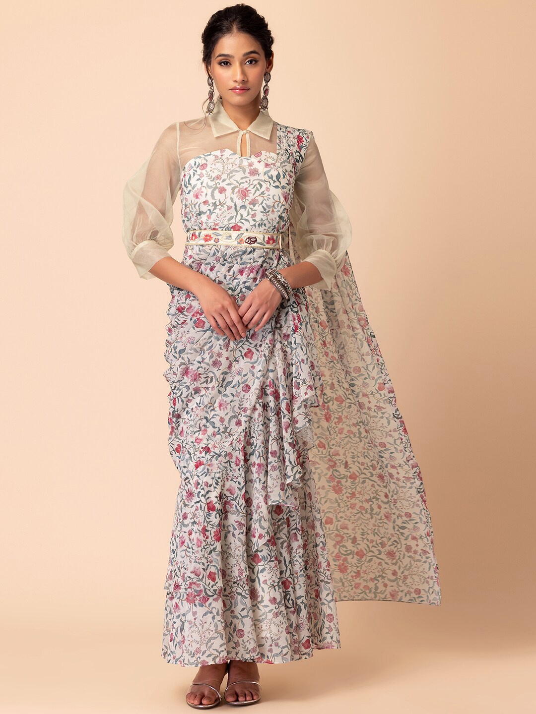 

INDYA X SAMANT CHAUHAN INDYA Floral Printed Ready to Wear Saree With Belt, White