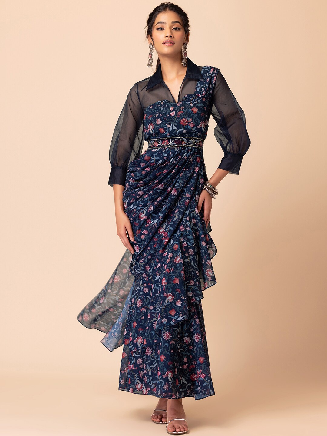 

INDYA X Samant Chauhan Floral-Printed Ready to Wear Saree With Belt, Blue