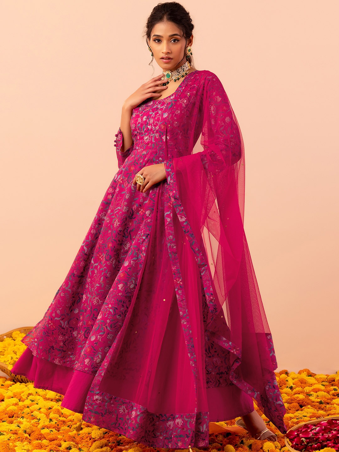 

INDYA X Samant Chauhan Floral Printed Sequined Fit & Flare Ethnic Dress with Dupatta, Pink