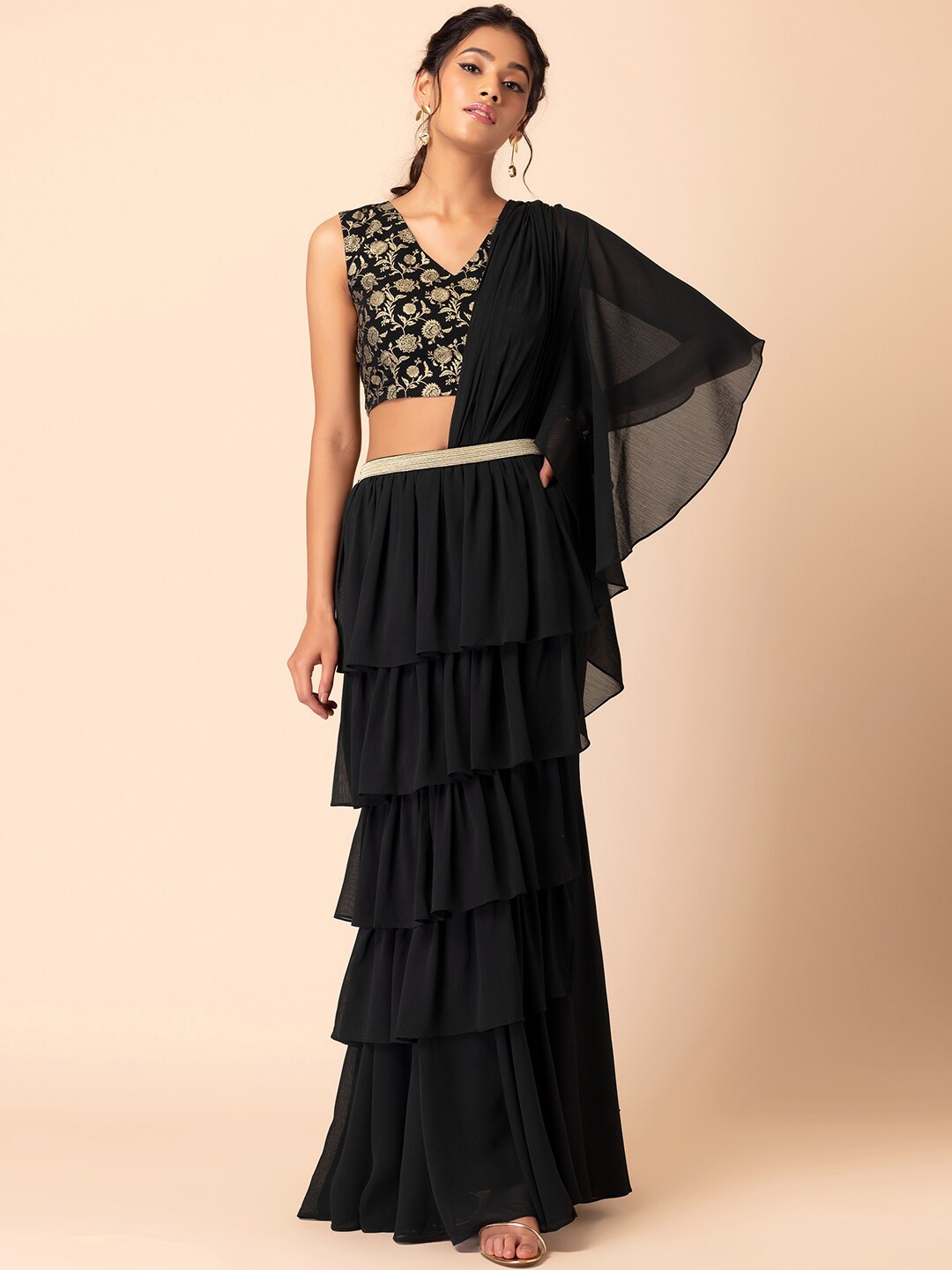 

INDYA X SAMANT CHAUHAN Ruffled Ready to Wear Saree With Belt, Black