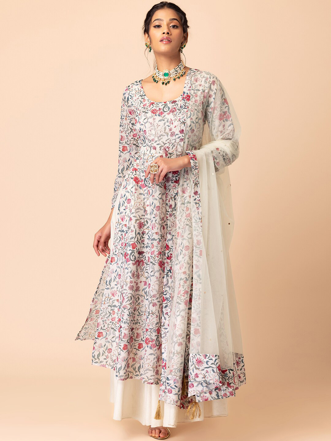 

INDYA X SAMANT CHAUHAN Floral Printed A-Line Kurta with Dupatta, White