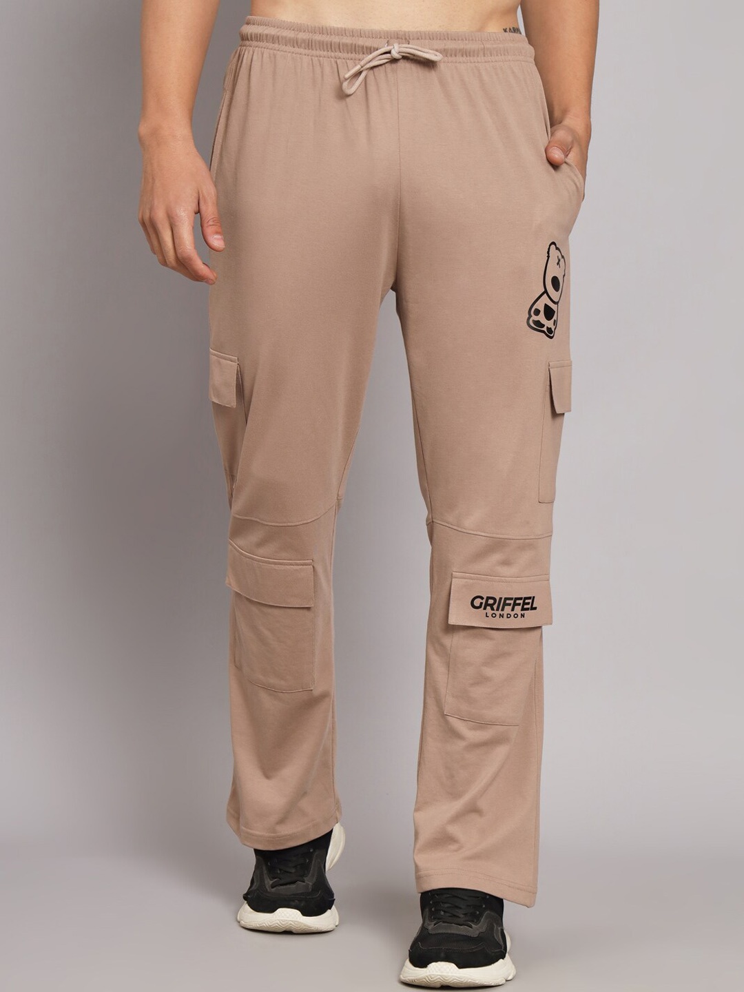 

GRIFFEL Men Mid-Rise Cotton Cargo Track Pants, Beige