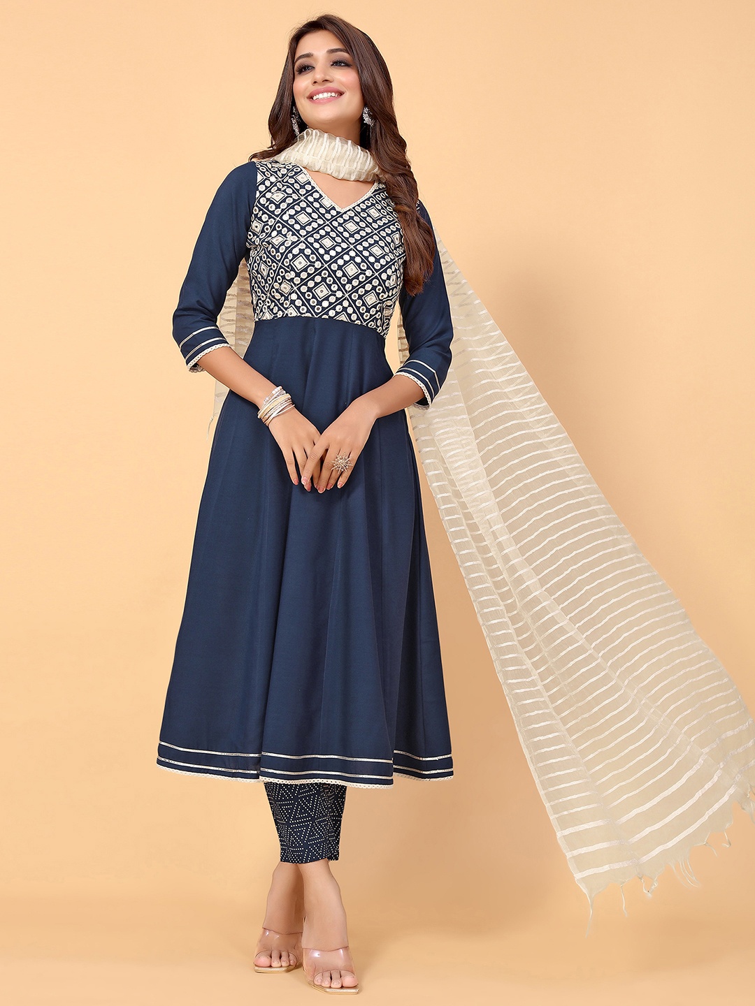 

SKYLEE Navy Blue & White Embroidered Mirror Work Kurta with Trousers & Dupatta