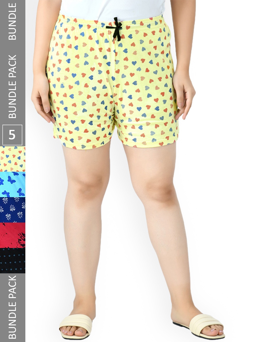 

IndiWeaves Women Pack Of 5 Printed High-Rise Shorts, Yellow