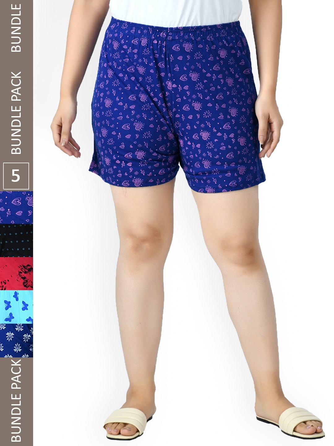 

IndiWeaves Women Pack Of 5 Printed High-Rise Pure Cotton Shorts, Black