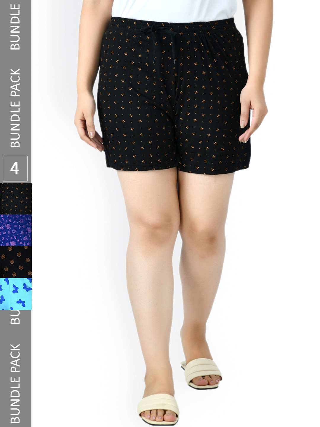 

IndiWeaves Women Pack Of 4 Printed High-Rise Shorts, Black