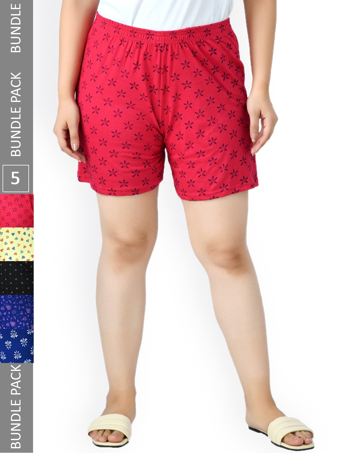 

IndiWeaves Women Pack Of 5 Printed High-Rise Pure Cotton Shorts, Red