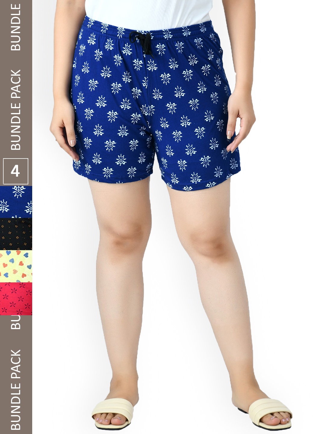 

IndiWeaves Women Pack Of 4 Printed High-Rise Pure Cotton Lounge Shorts, Blue