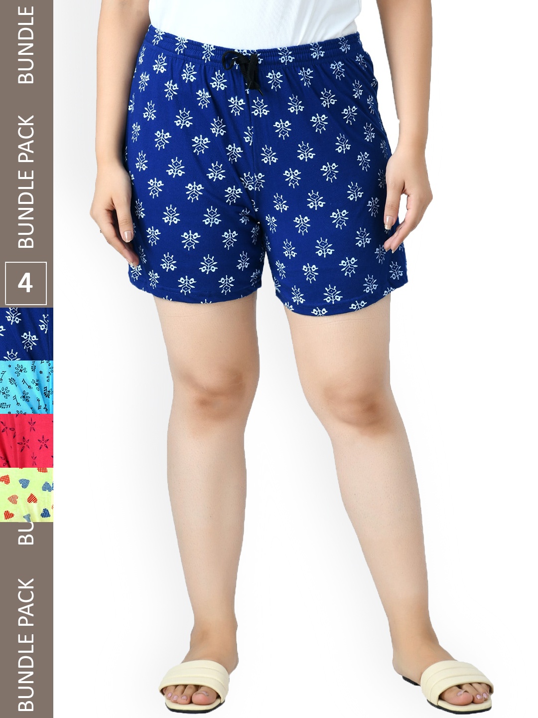 

IndiWeaves Women Pack Of 4 High-Rise Printed Pure Cotton Shorts, Blue