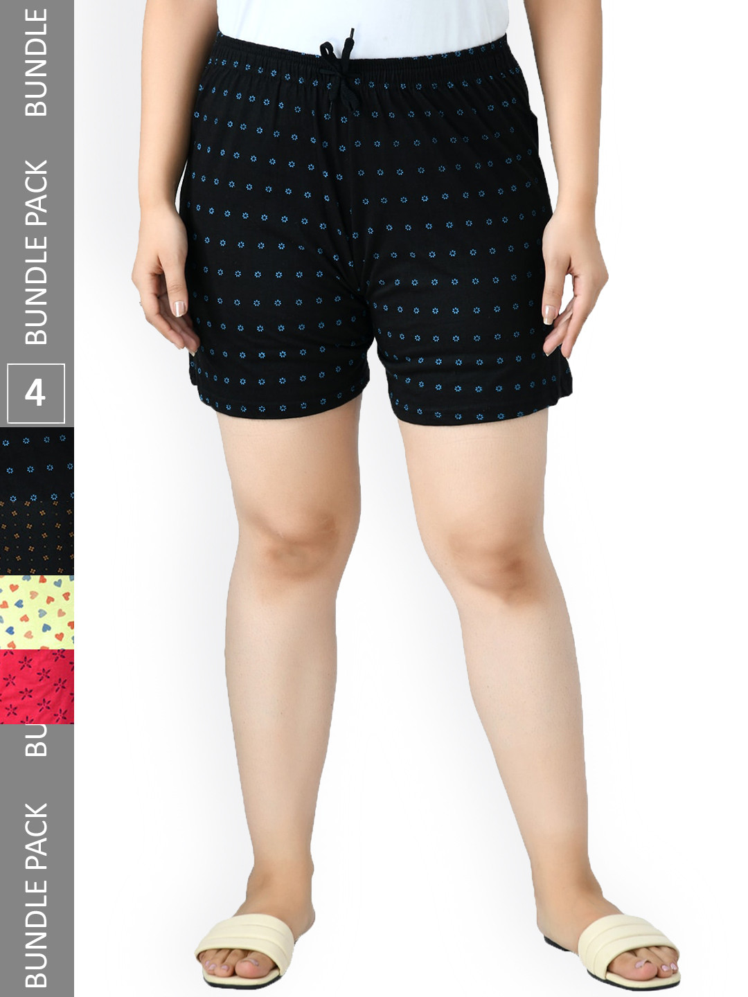 

IndiWeaves Women Pack Of 4 Printed Pure Cotton Shorts, Navy blue