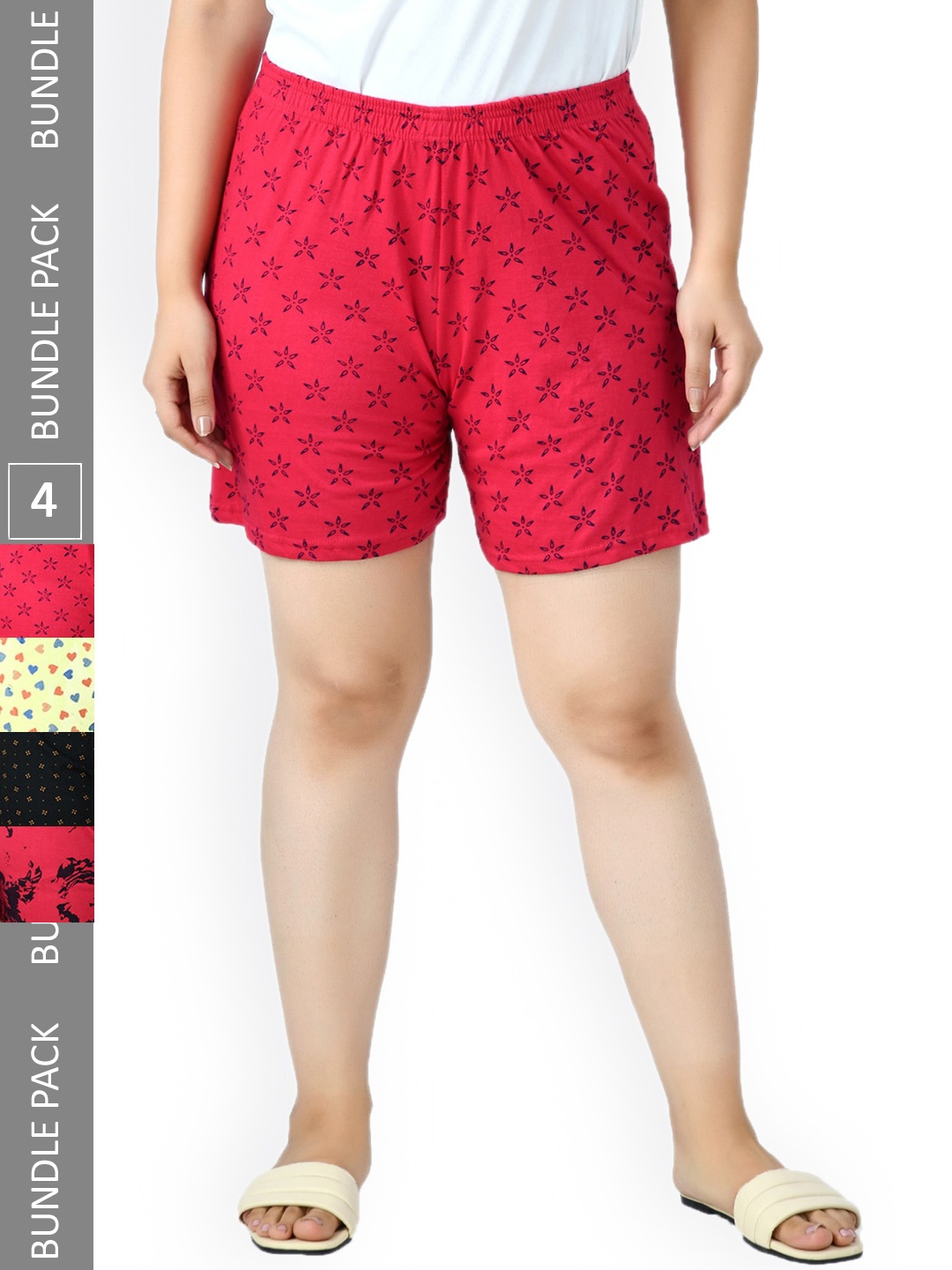 

IndiWeaves Women Pack Of 4 Printed High-Rise Shorts, Red