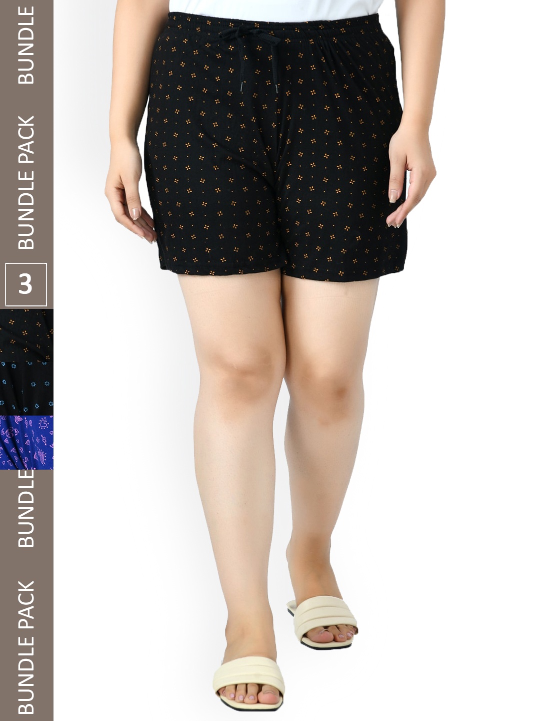 

IndiWeaves Women Pack Of 3 Printed High-Rise Pure Cotton Lounge Shorts, Blue