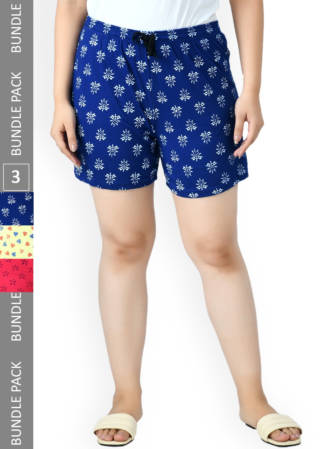 

IndiWeaves Women Pack Of 3 Printed High-Rise Pure Cotton Shorts, Navy blue