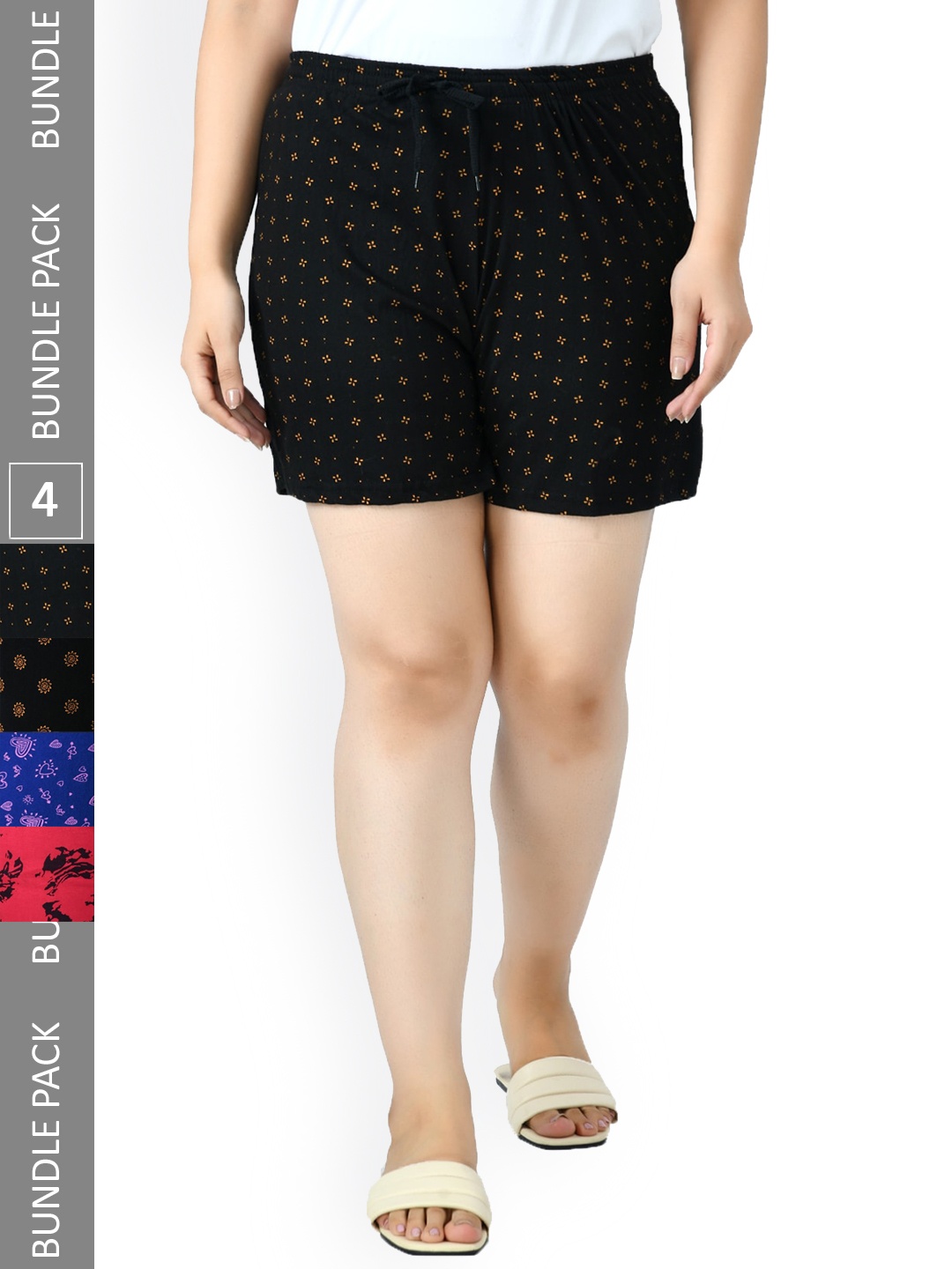 

IndiWeaves Women Pack Of 4 Printed High-Rise Pure Cotton Lounge Shorts, Black