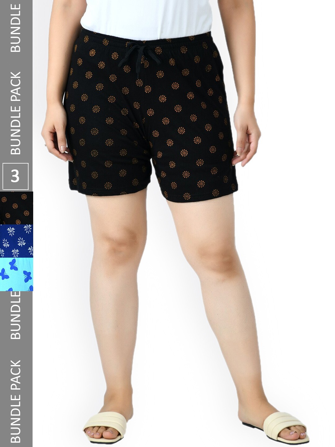 

IndiWeaves Women Pack Of 3 Conversational Printed High-Rise Pure Cotton Shorts, Navy blue