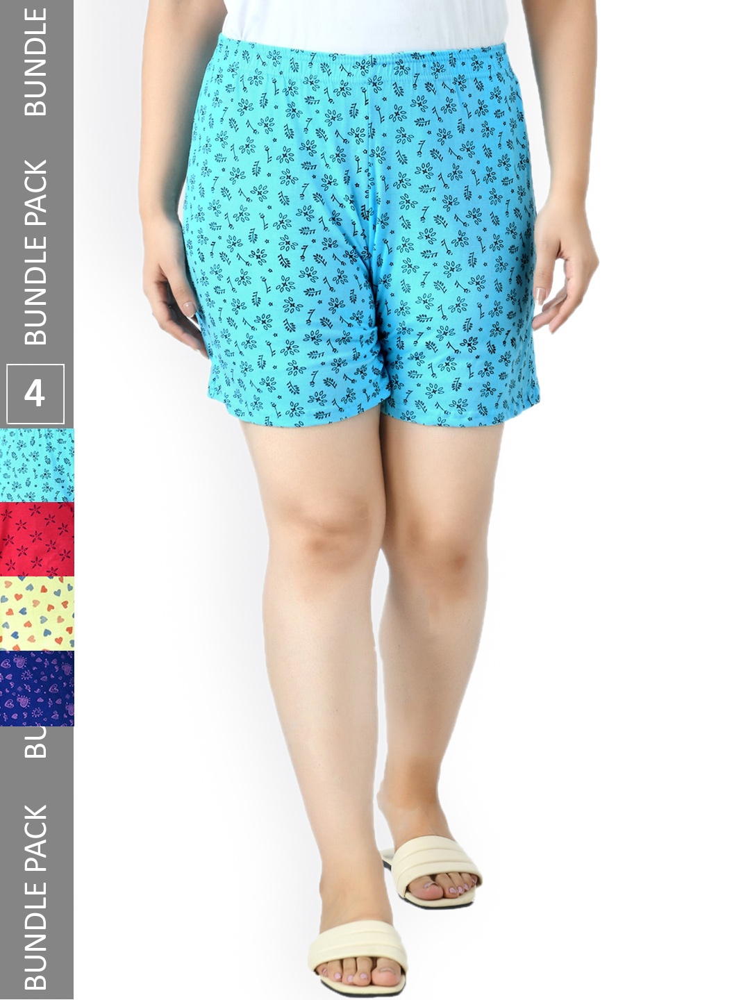 

IndiWeaves Women Pack Of 4 Printed High-Rise Pure Cotton Shorts, Blue