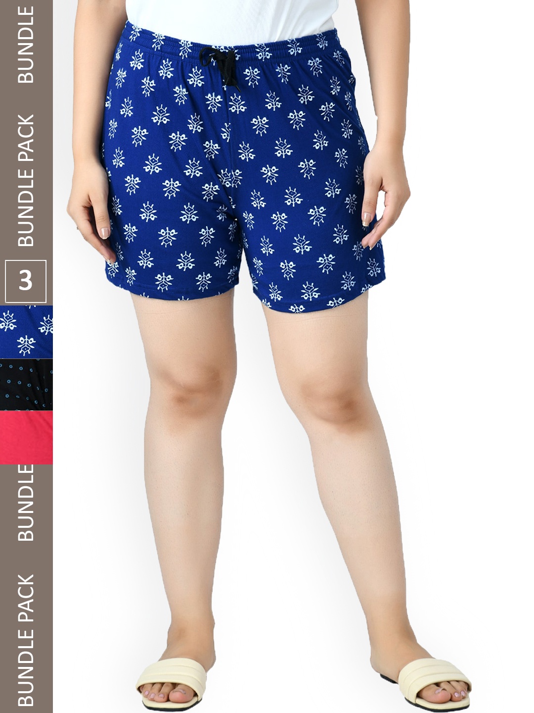 

IndiWeaves Women Pack Of 3 Printed Pure Cotton Shorts, Blue