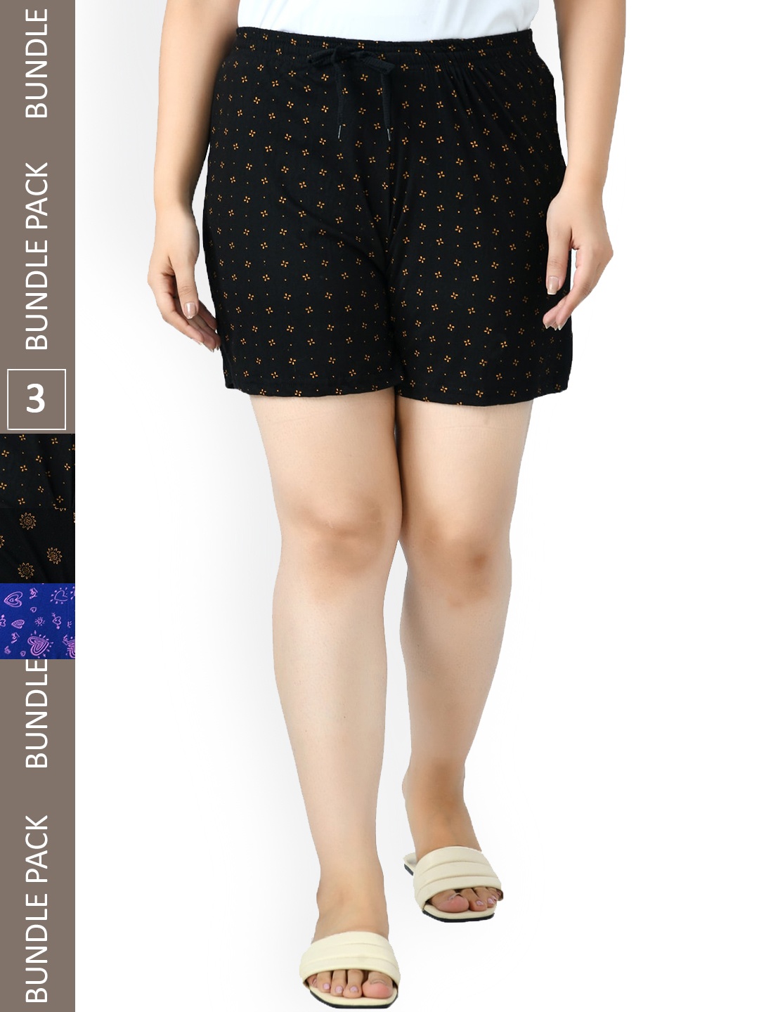 

IndiWeaves Women Pack Of 3 Printed High-Rise Pure Cotton Lounge Shorts, Blue