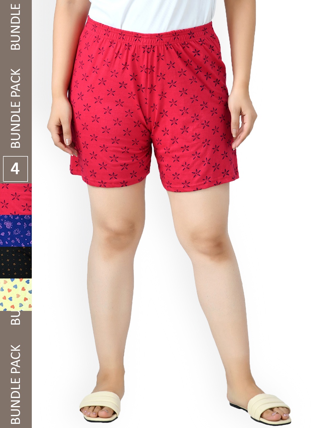 

IndiWeaves Women Pack Of 4 Printed High-Rise Pure Cotton Shorts, Red