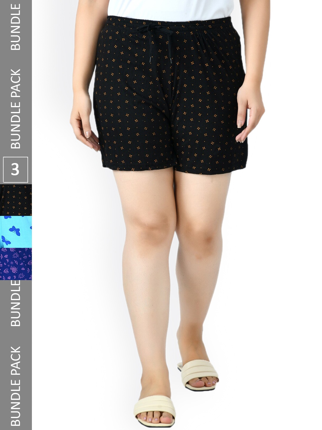 

IndiWeaves Women Pack Of 3 Printed High-Rise Pure Cotton Lounge Shorts, Black