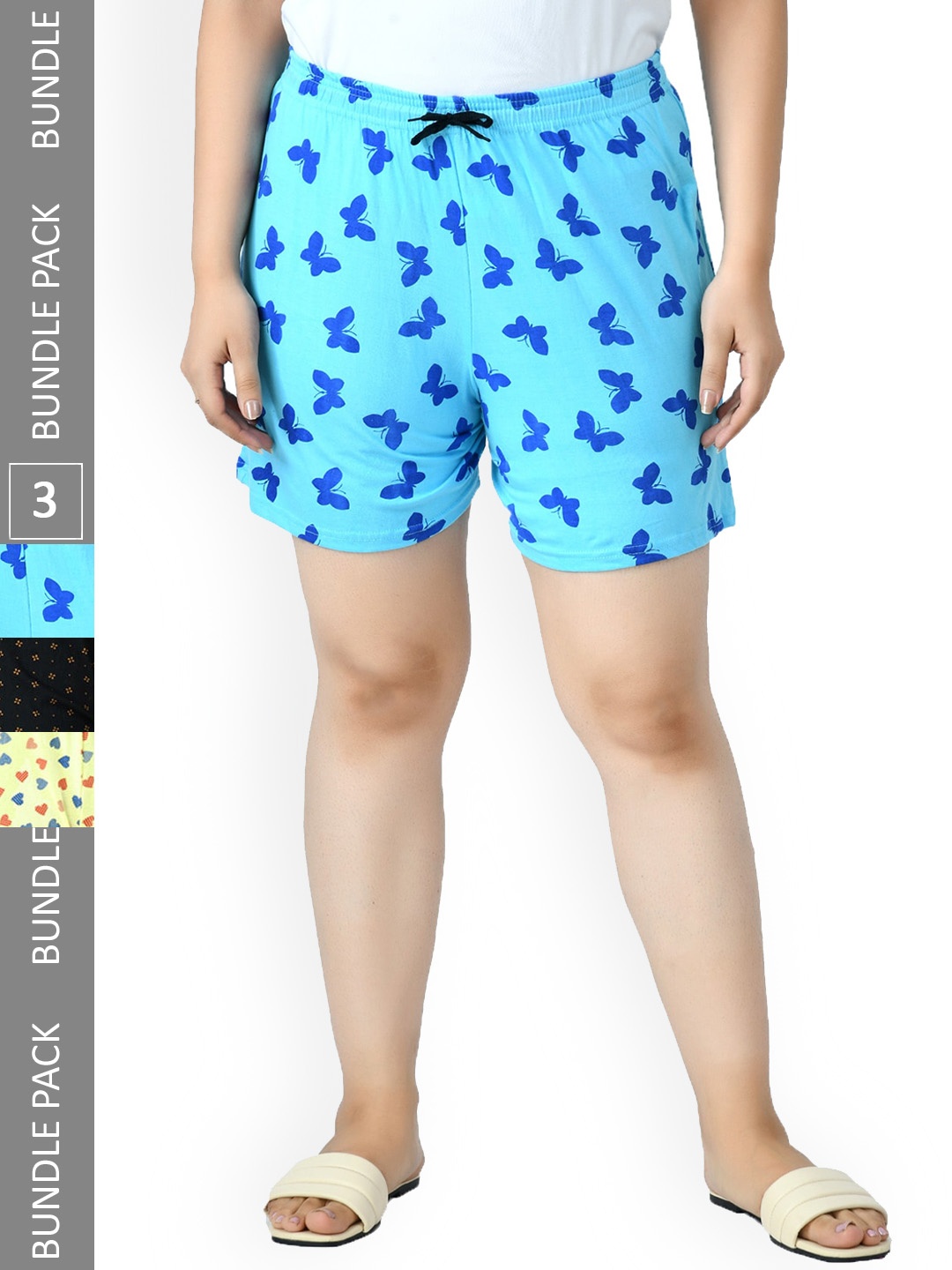 

IndiWeaves Women Pack Of 3 High-Rise Printed Pure Cotton Shorts, Blue