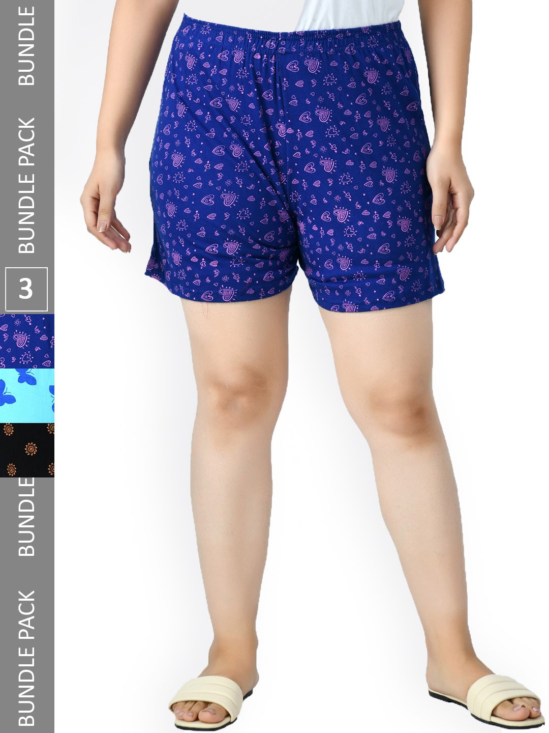 

IndiWeaves Women Pack Of 4 Printed High-Rise Pure Cotton Shorts, Navy blue