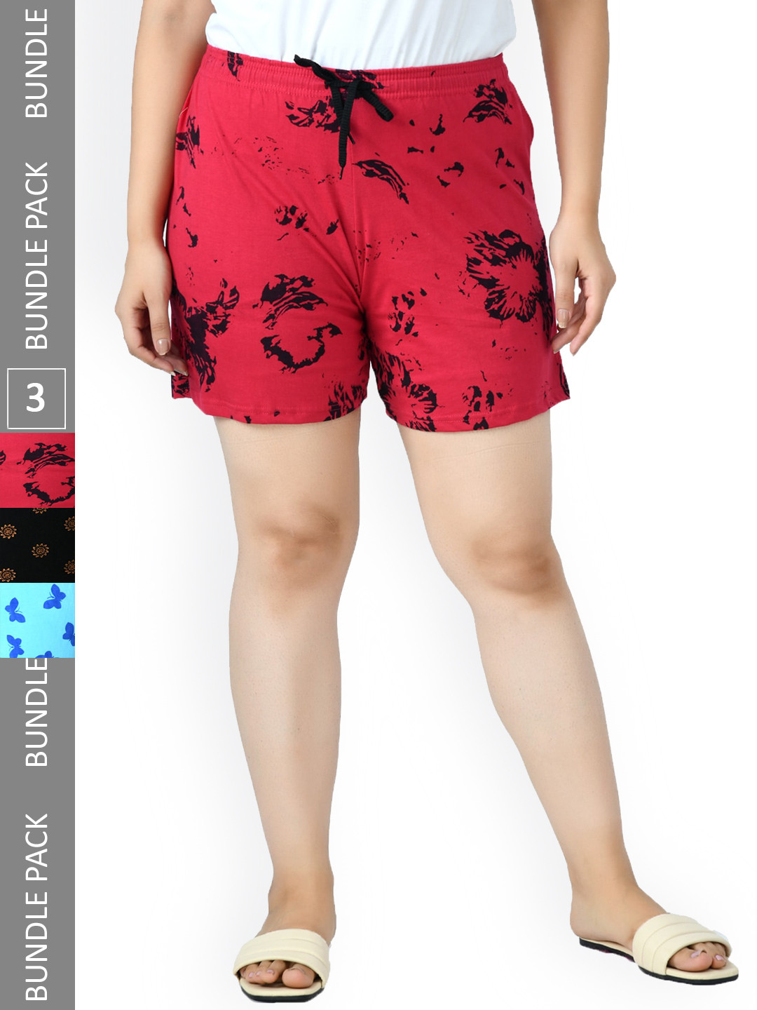 

IndiWeaves Women Pack Of 3 Printed High-Rise Pure Cotton Shorts, Red