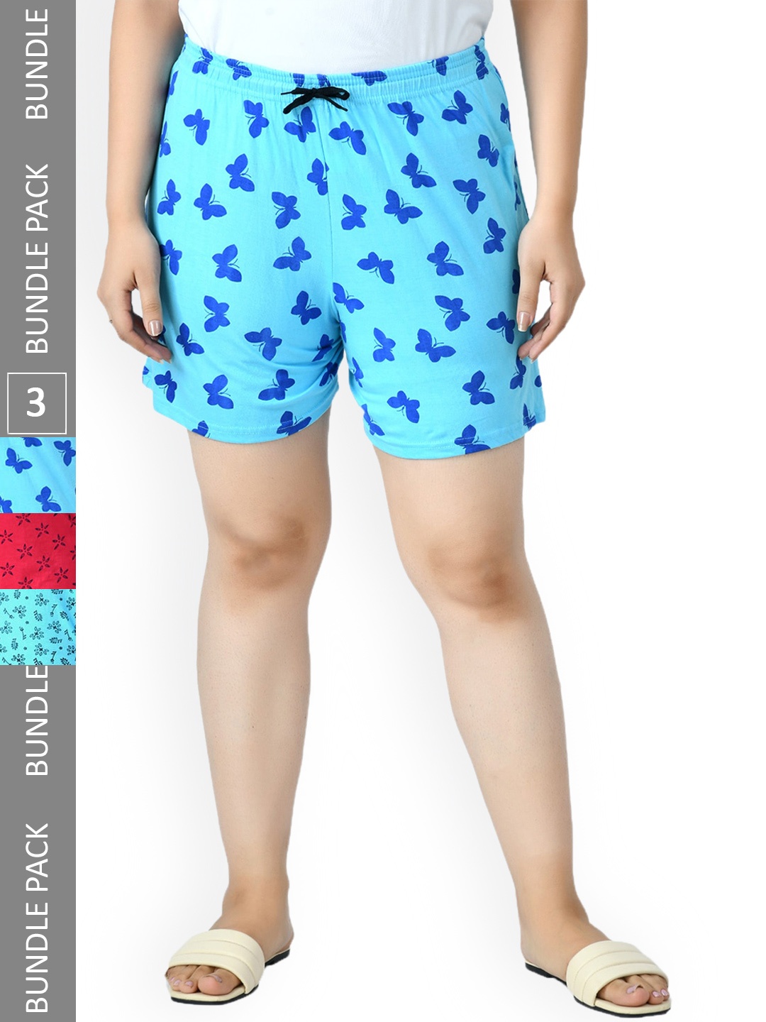 

IndiWeaves Women Pack Of 3 Printed High-Rise Pure Cotton Lounge Shorts, Blue