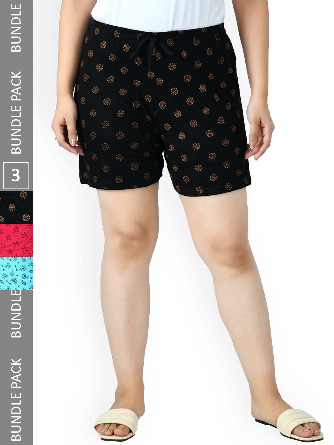 

IndiWeaves Women Pack Of 3 Printed High-Rise Pure Cotton Shorts, Black