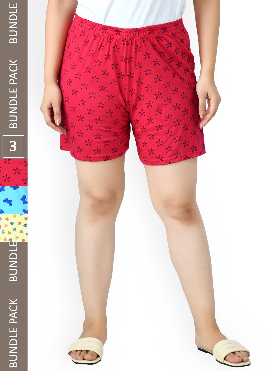 

IndiWeaves Women Pack Of 3 Printed High-Rise Pure Cotton Lounge Shorts, Red