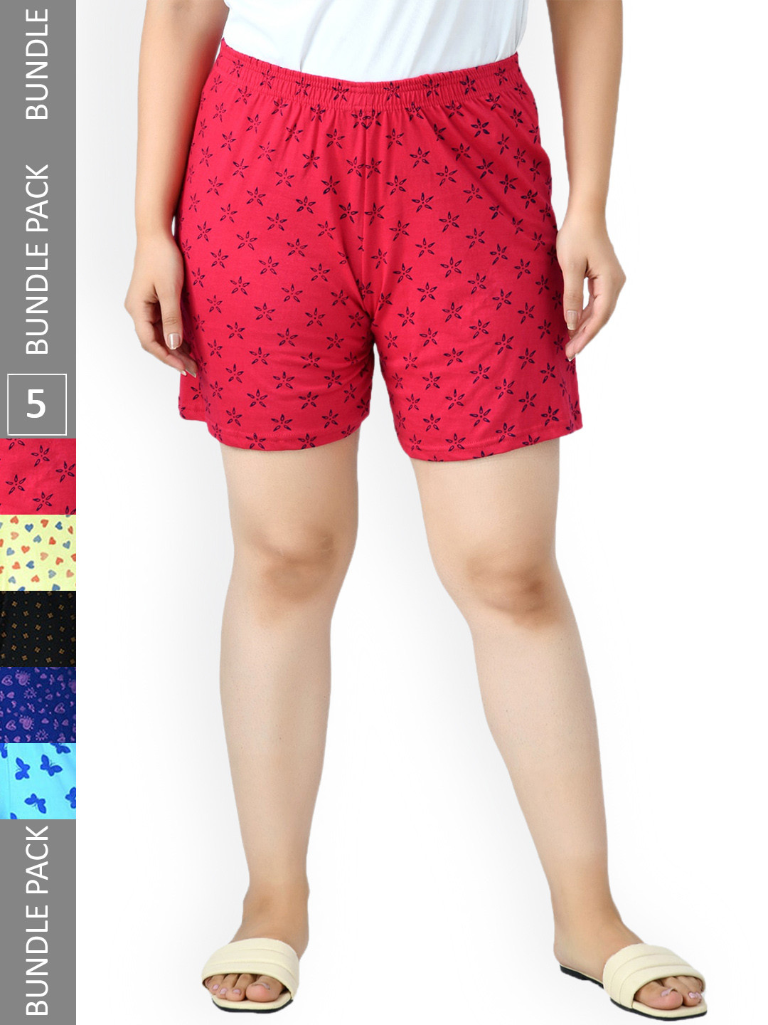 

IndiWeaves Women Pack Of 4 Printed High-Rise Pure Cotton Shorts, Red