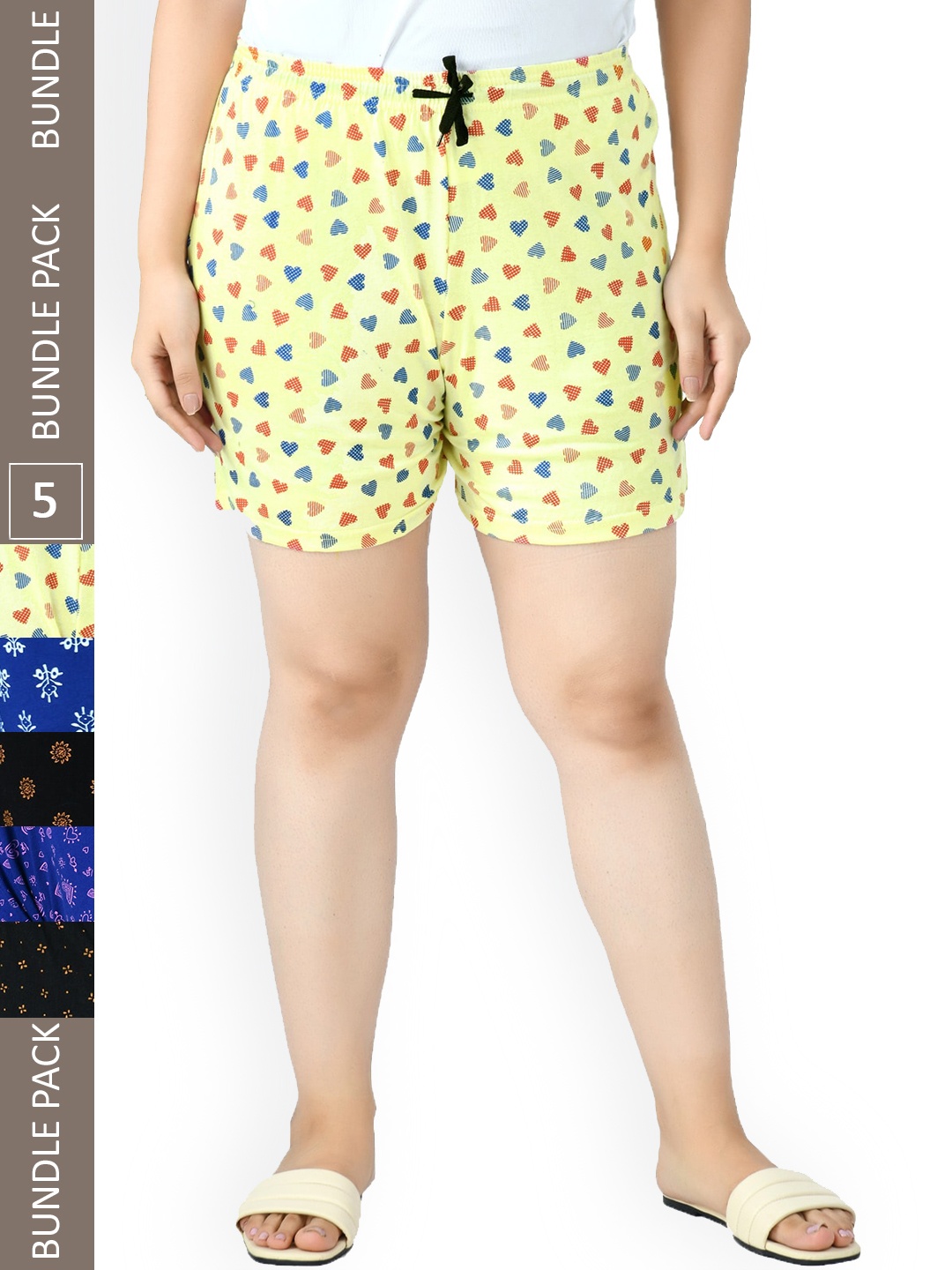 

IndiWeaves Women Pack Of 5 Printed High-Rise Pure Cotton Shorts, Yellow